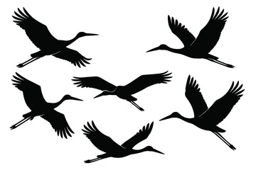Stylized vector icon of flying cranes in various poses showcasing grace and elegance