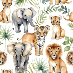 Adorable Baby Animals Watercolor Seamless Pattern