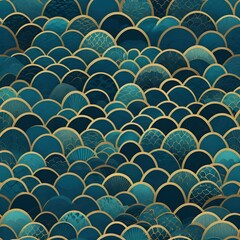 Obraz premium Teal and Gold Scallop Pattern, Art Deco Inspired Background