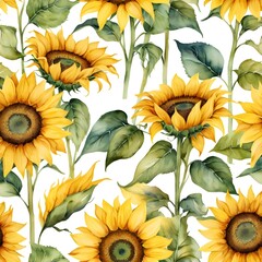 Fototapeta premium Watercolor Sunflowers Seamless Pattern