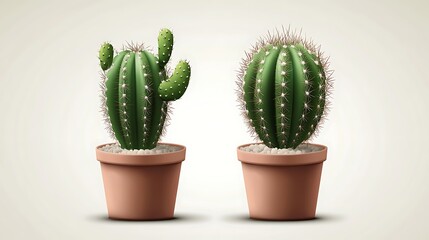 Two green cacti in terracotta pots against neutral background