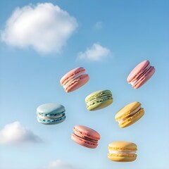 Floating Macarons Against a Blue Sky