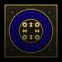 Ornamental circular motif with geometric blue and gold patterns on a black background. Inspired by Islamic art, perfect for luxury branding or textile design.