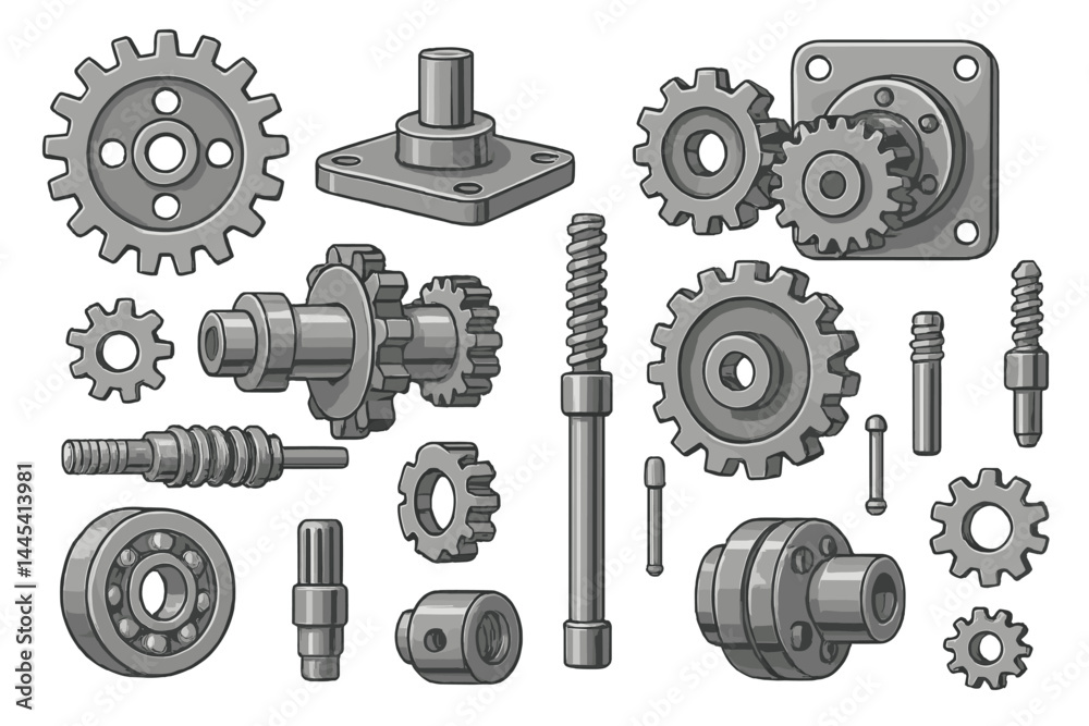 Poster vector icon collection of various mechanical gears and components for engineering and design applica