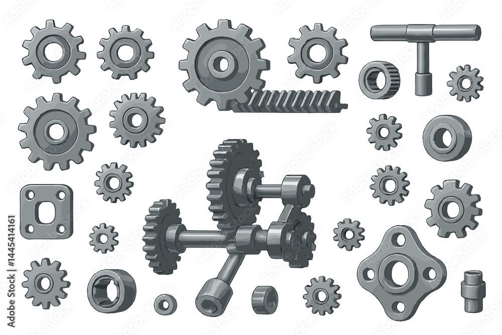 Poster vector icon of mechanical gears and components arranged in various sizes and styles for engineering 