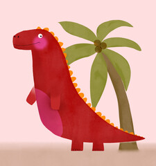 Cute Red Dinosaur. Funny Tyrannosaurus And Palm Tree. Simple Nursery Art with Red Hand Drawn Dino on a Pastel Pink Background. Funny Prehistoric Animal Print Ideal for Card, Wall Art, Poster. 