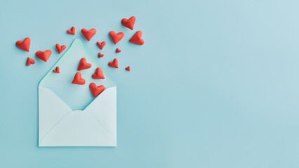 Open envelope with red hearts symbolizing love and affection, ideal for Valentine’s Day cards, romantic offers or wedding invitations.