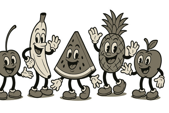 Fun and cheerful vector icons of happy fruit characters in a playful celebration