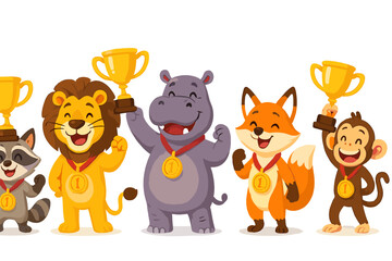 Fun vector icons of cartoon animals celebrating victory with trophies and medals in a playful competition setting