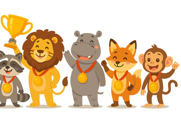 Fun vector icon of cartoon animals celebrating with medals and a trophy in a cheerful atmosphere