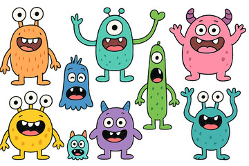 Bright and colorful vector icons of cheerful cartoon monsters celebrating in a playful arrangement