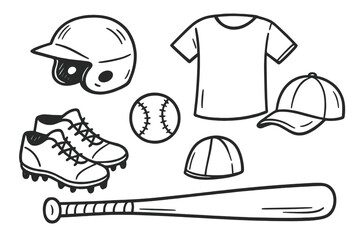 Vector illustration of baseball equipment including a bat, ball, helmet, jersey, and shoes arranged in an organized layout
