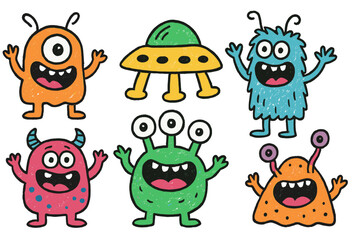 Colorful vector icon of playful monsters and a spaceship with cheerful expressions and cartoon-like features