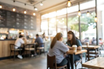 Obraz premium Casual conversations in a coffee shop city center lifestyle image with blur background