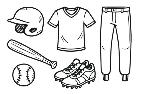 Collection of baseball gear includes helmet, jersey, pants, bat, ball, and cleats for team sports activities