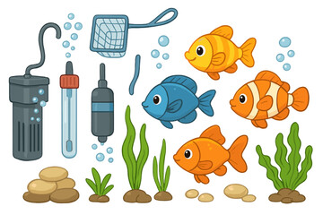 Colorful vector icons depicting aquarium elements with fish, plants, and equipment for aquatic environments