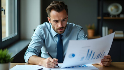 Disappointed Business Owner Analyzing Quarterly Loss Report: US Revenue Decline and Cost Pressures Illustrated with Charts in Stock Photo Concept