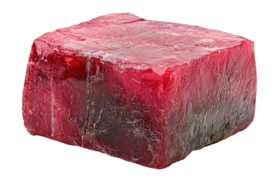 Frozen ruby red block of vibrant color rich texture intense hue close up shot on white background
