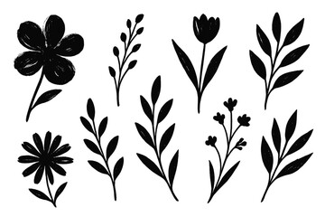 Vector icon collection of various black floral and leaf designs for graphic and web applications