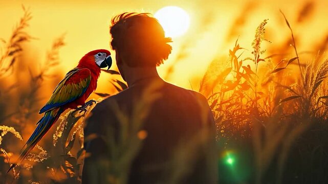 Silhouette of a person with a parrot at sunset.