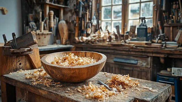Wooden bowl filled with wood shavings on a workbench in a vintage carpentry workshop.