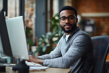 Focused Professional at Desk: A determined individual gazes confidently from their workstation, backlit by the soft glow of a computer screen in a realistic office environment.