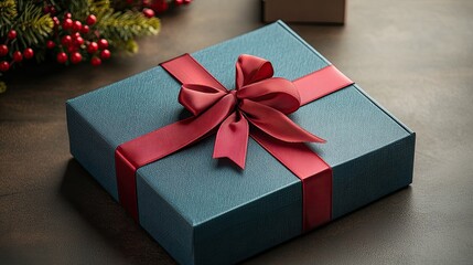 Blue gift box with red ribbon, festive decoration for celebrations, perfect for gifting occasions.