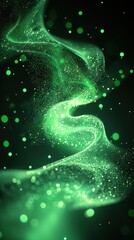 Abstract green swirling light with sparkling particles and glowing effects creating a dynamic and vibrant scene suitable for futuristic and technological themes