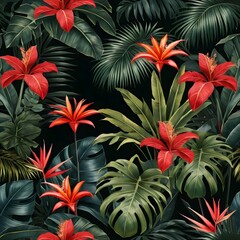 Lush Tropical Rainforest with Red Flowers and Green Leaves