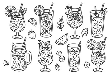 Refreshing summer beverage vector icons featuring various drinks garnished with fruits and herbs in a sketched style