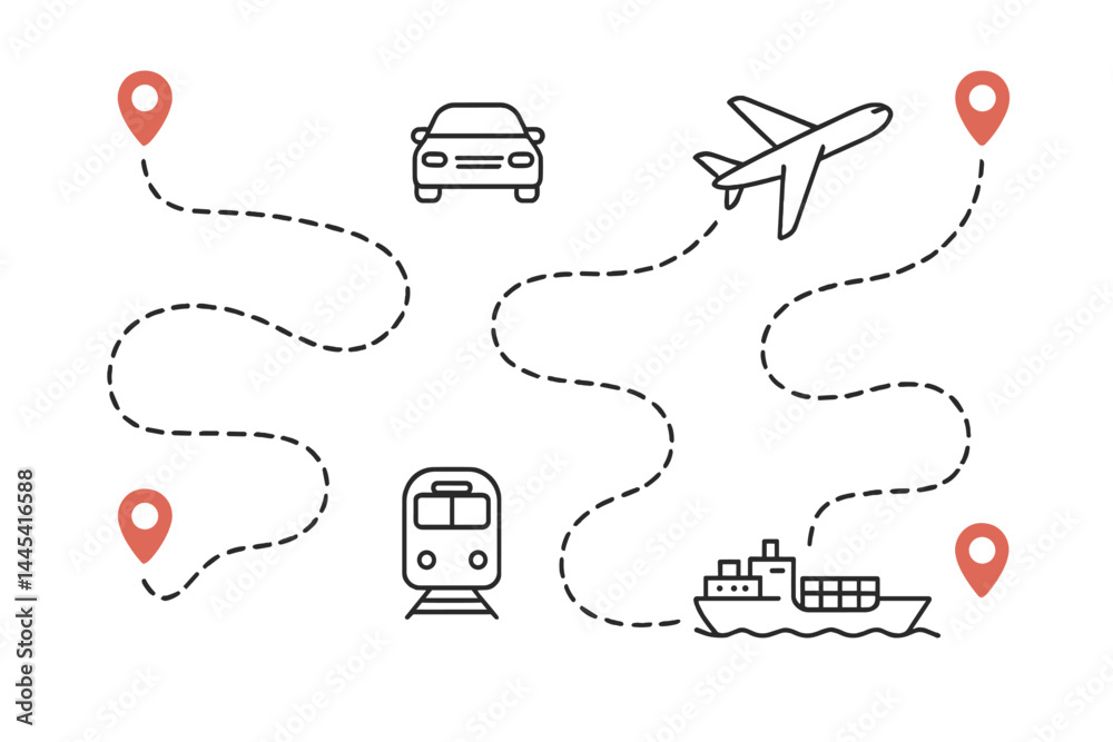 Poster journey through various transportation modes represented as icons on a winding path across different