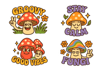 Fun and colorful mushroom vector icons promoting positive vibes and relaxation in a playful design style