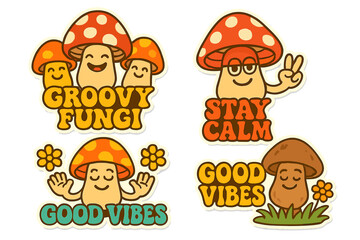 Fun and cheerful vector icons showcasing whimsical mushrooms with playful text and bright colors in a relaxed setting