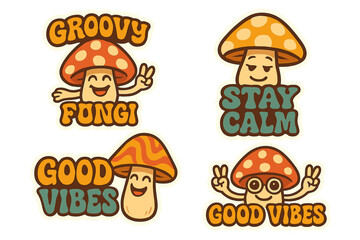 Colorful vector icons featuring cheerful mushroom characters with playful phrases for fun designs