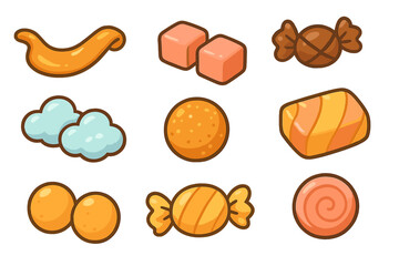 Colorful vector icons of various candies and sweets designed for use in illustrations, graphics, and educational materials related to confectionery