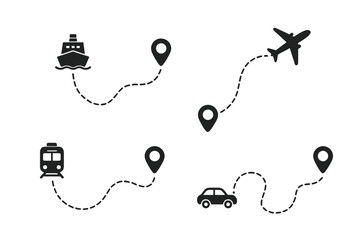 Transportation vector icons depicting various travel modes and routing with location markers for seamless navigation