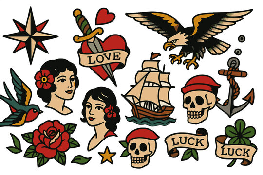 Vintage tattoo vector design featuring nautical themes, roses, and classic Americana symbols