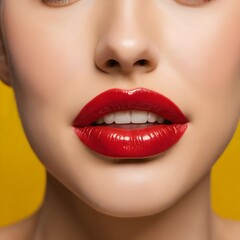 Obraz premium Close-up of Woman's Lips with Red Lipstick