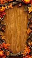 Cozy autumn scene with colorful fall leaves pumpkins pinecones and branches on wooden background perfect for seasonal decoration and autumn themes
