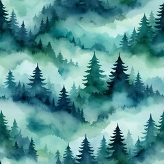 Fototapeta premium Misty Evergreen Forest Watercolor