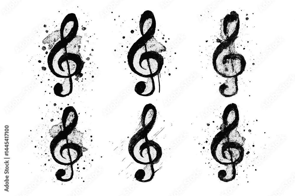 Poster vector icons featuring musical notes in various styles with artistic splashes creating a dynamic vis