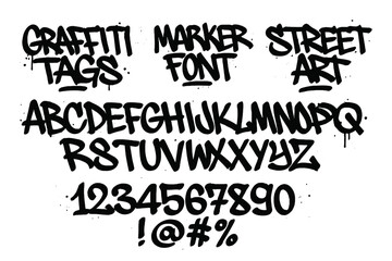 Graffiti marker font showcasing various tags, street art styles, and a full alphabet with numbers and symbols