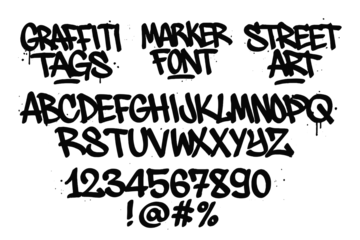 Fototapeten Graffiti Graffiti marker font showcasing various tags, street art styles, and a full alphabet with numbers and symbols  © icon_art