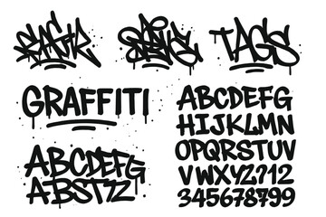 Unique vector icon showcasing graffiti style lettering featuring tags, alphabet, and symbols in bold black design