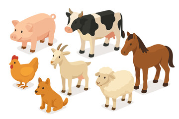 Fototapeta premium Farm animals vector icon collection featuring a pig, cow, goat, horse, chicken, dog, and sheep in a colorful design