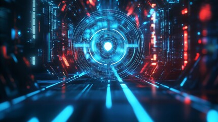 Obraz premium Futuristic Technology Tunnel with Glowing Blue Portal and Abstract Data Flow