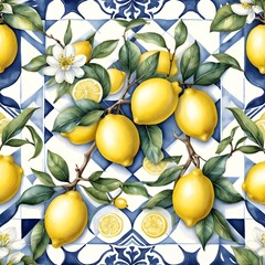 Lemons on Blue and White Tile Background