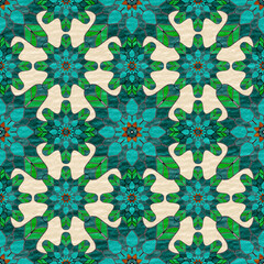 Seamless Mosaic Floral and Leaf Pattern in Green and Beige Tones