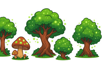 Fototapeta premium Vector icon depicting lush green trees and mushrooms in a whimsical forest setting under bright light