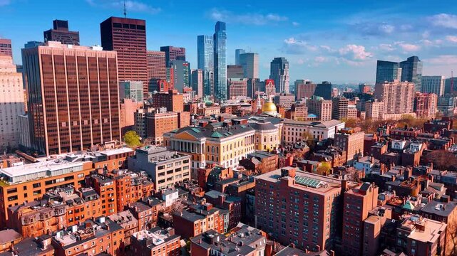 Diverse urban landscape of modern Boston, Massachusetts, USA. Skyscrapers of downtown at backdrop. Aerial view.